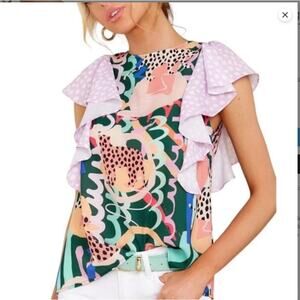 Crosby by Mollie Burch Jungle Cheetah Print Ruffle Tie Back Cutout Top Sz XS